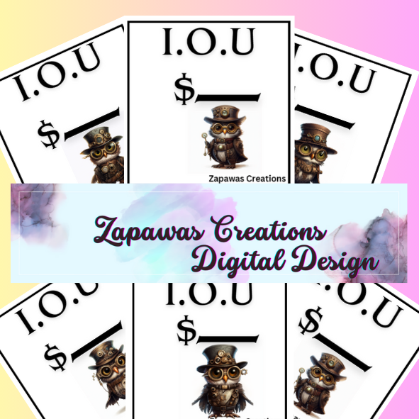 I.O.U Budgeting Slip | Steampunk Owls | Digital Download | Cash Budget Slips | Set of 6